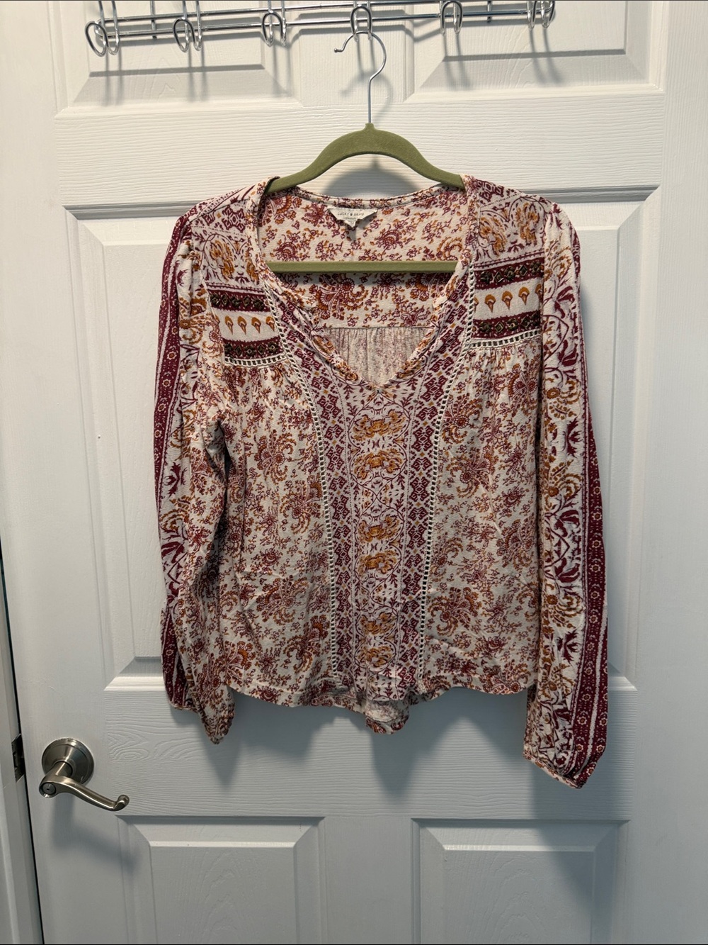 Lucky Brand Floral Boho V-Neck Blouse in Rust & Cream